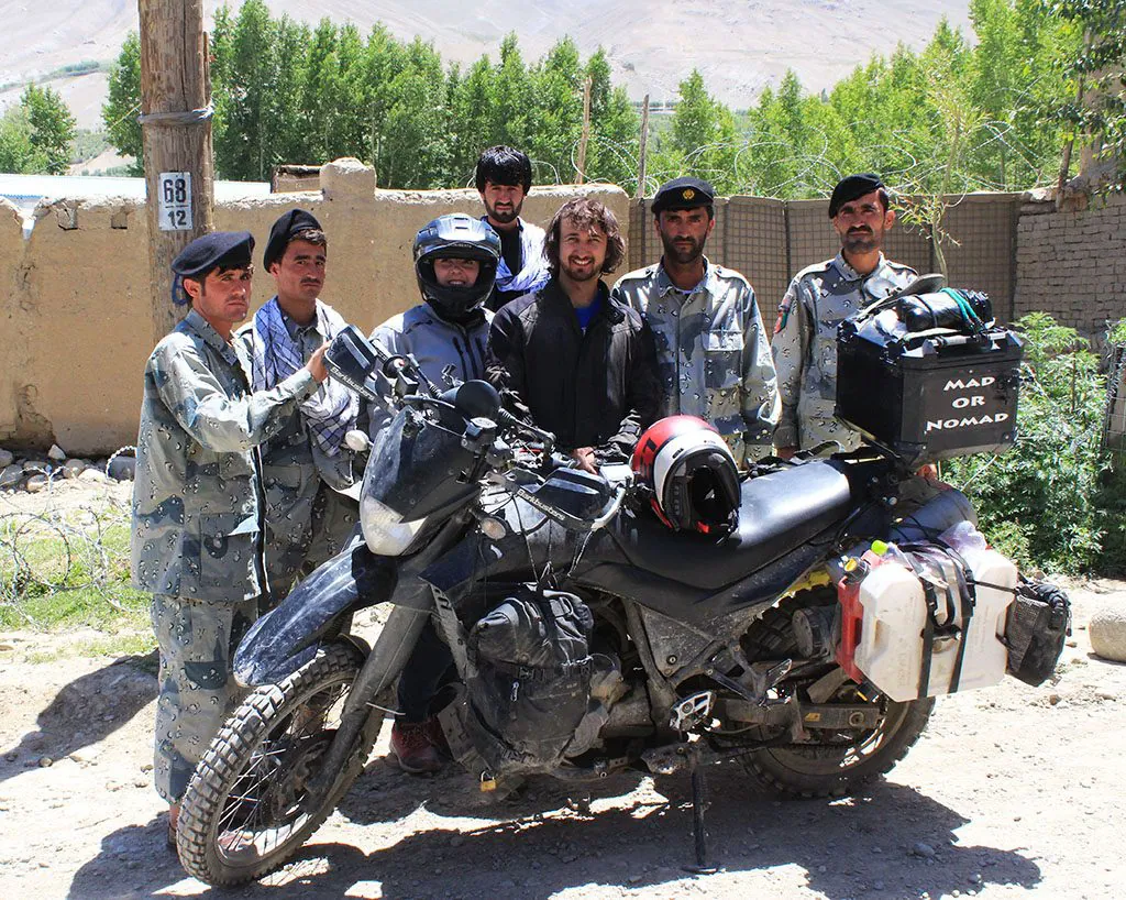 Afghan soldiers with adventure bike