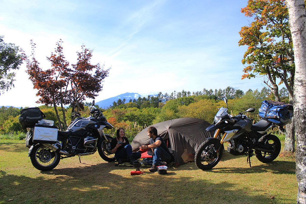 BMW R1200GSA and BMW G310GS motorcycles camping in Japan