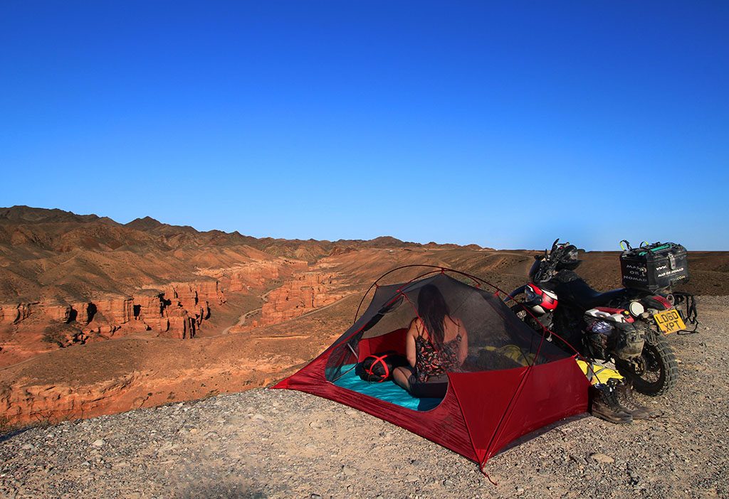 Motorcycle camping in Charyn Canyon Kazakhstan