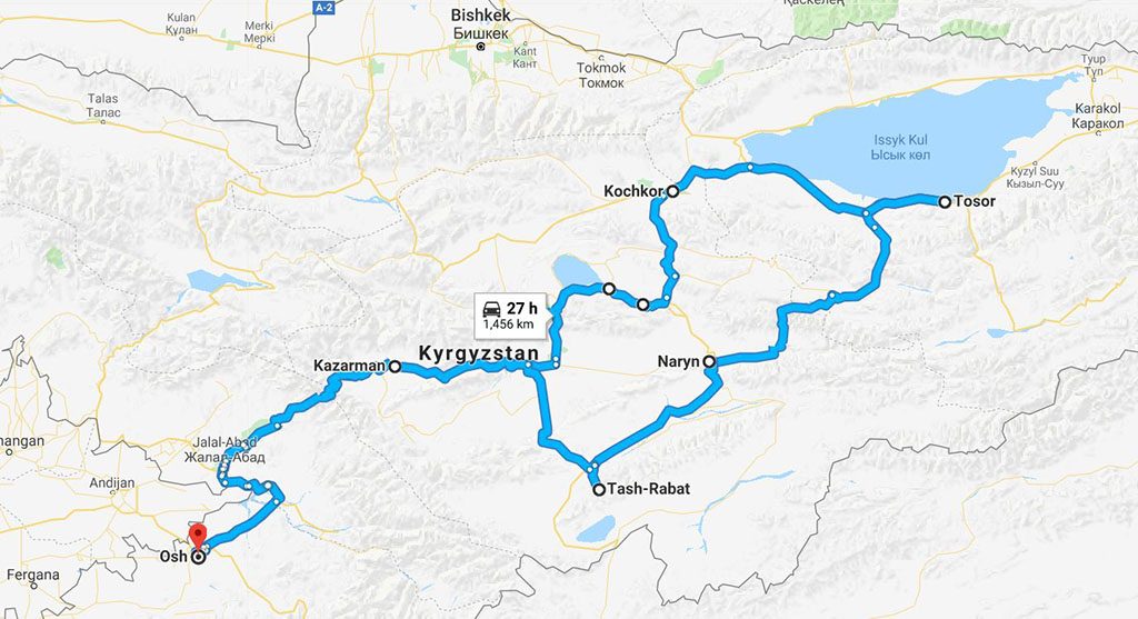 Route map for motorcycling in Kyrgyzstan