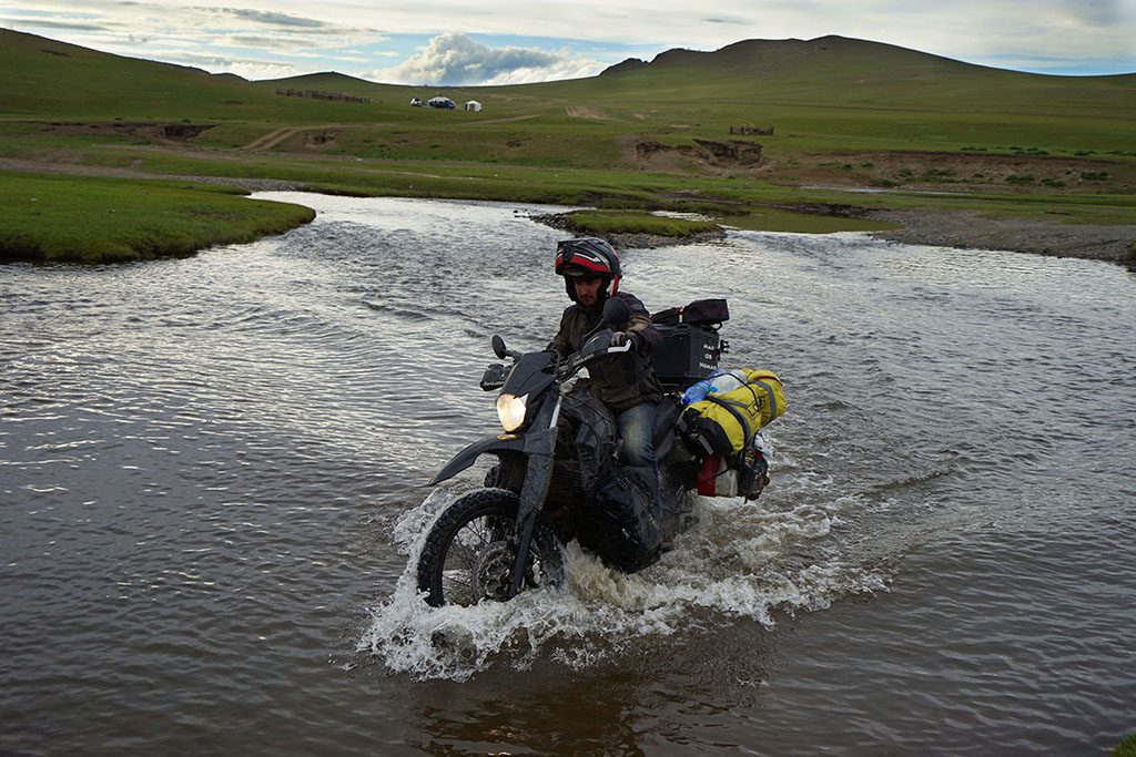 Adventure bike travel water crossings in Mongolia