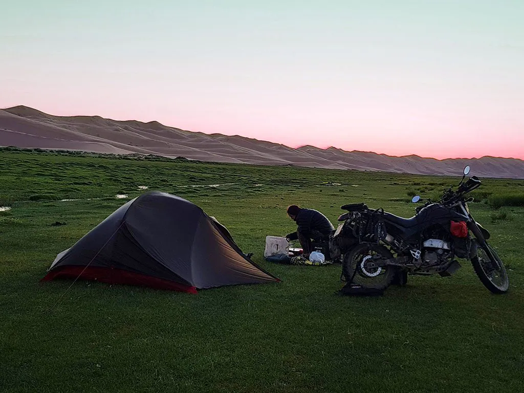 motorcycle camping in Mongolia Gobi Desert