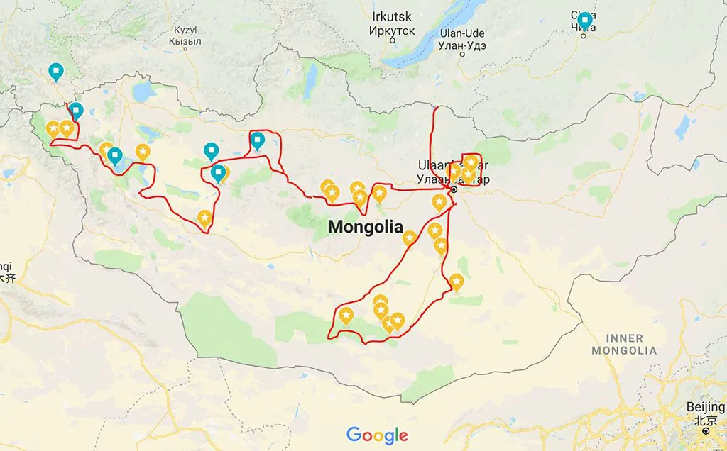 Adventure Motorcycle Travel Guide map for Mongolia