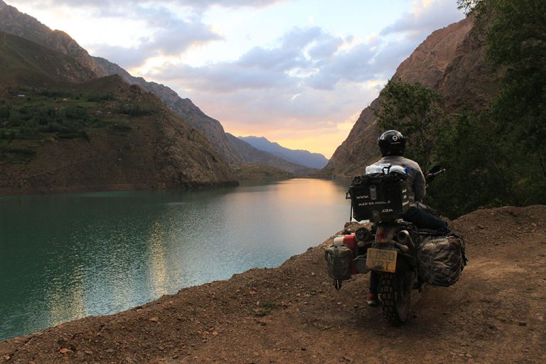 Adventure Motorcycling in the Pamir Mountains of Tajikistan and beautiful sunsets