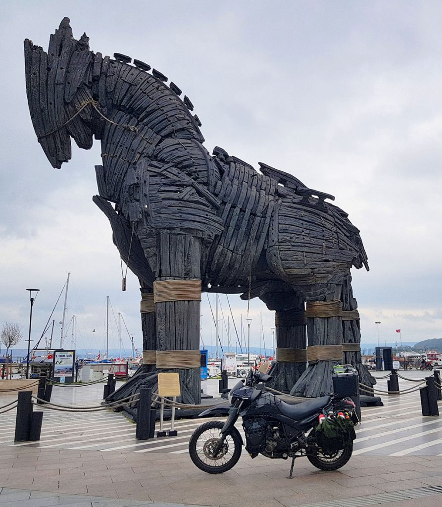 Motorcycle and the Trojan horse in Troy Turkey