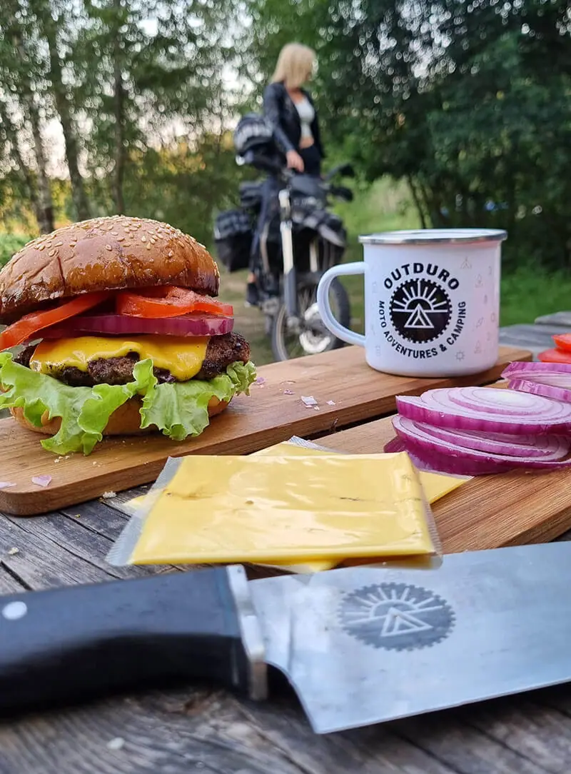 Motorcycle camping food burgers