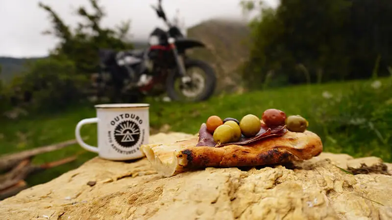 Motorcycle camping food bread and bikes
