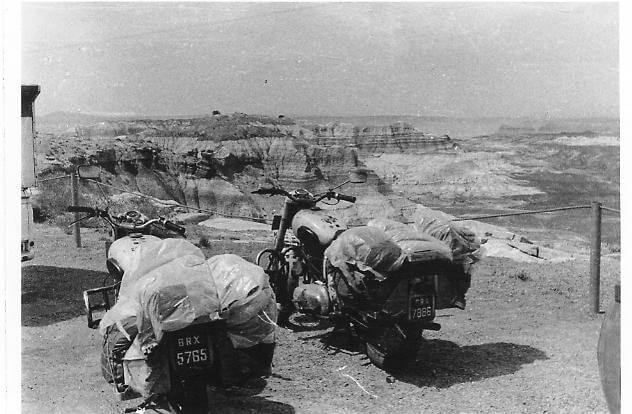 The First Indians to motorcycle round the world on Royal Enfields in Arizona USA 1972
