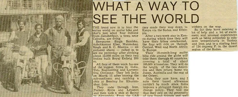 The First Indians to motorcycle round the world on Royal Enfields in England December 1971