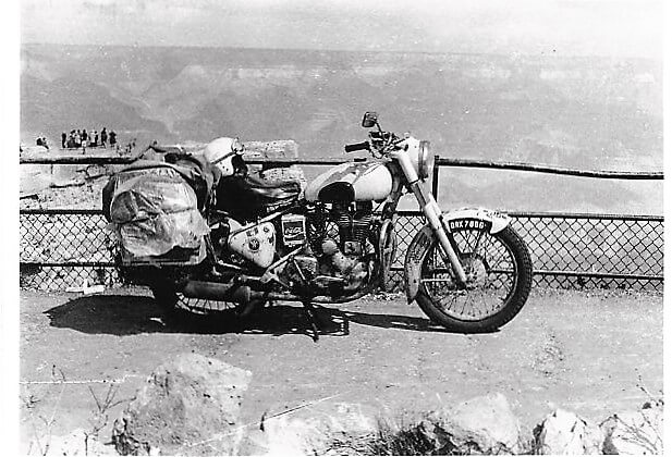 The First Indians to motorcycle round the world on Royal Enfields in the Grand Canyon 1972