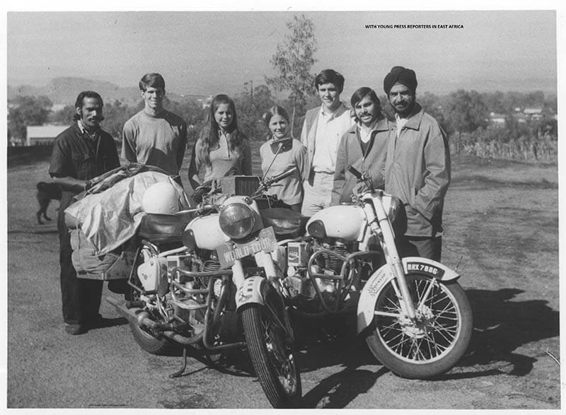 The First Indians to motorcycle round the world on Royal Enfields with journalists in Kenya